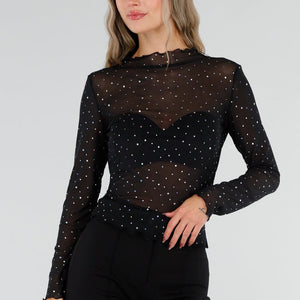 NEW211026 Zwarte Mesh Top met Strass Steentjes