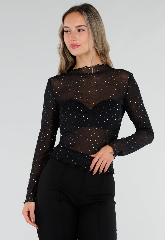 NEW211026 Zwarte Mesh Top met Strass Steentjes