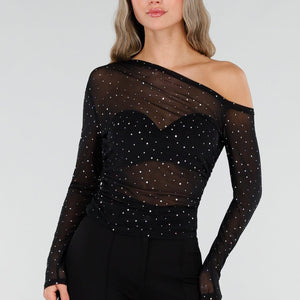 NEW211026 Zwarte Mesh Top met Strass