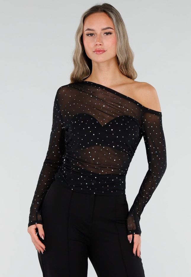 NEW211026 Zwarte Mesh Top met Strass