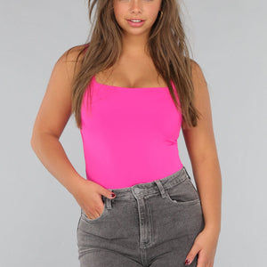 NEW220125 Fel Roze Mouwloze Body met Vierkante Hals