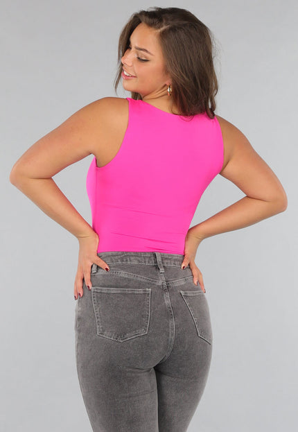 NEW220125 Fel Roze Mouwloze Body met Vierkante Hals
