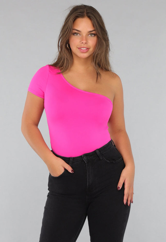 NEW220125 Fel Roze One Shoulder Bodysuit met Korte Mouw