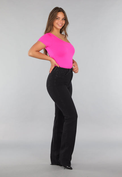 NEW220125 Fel Roze One Shoulder Bodysuit met Korte Mouw
