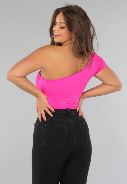 NEW220125 Fel Roze One Shoulder Bodysuit met Korte Mouw