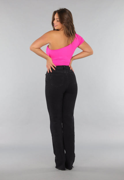 NEW220125 Fel Roze One Shoulder Bodysuit met Korte Mouw
