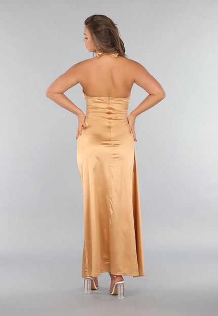 OP=OP.38.NL Gouden Geplooide Satijnen Halter Galajurk met Split
