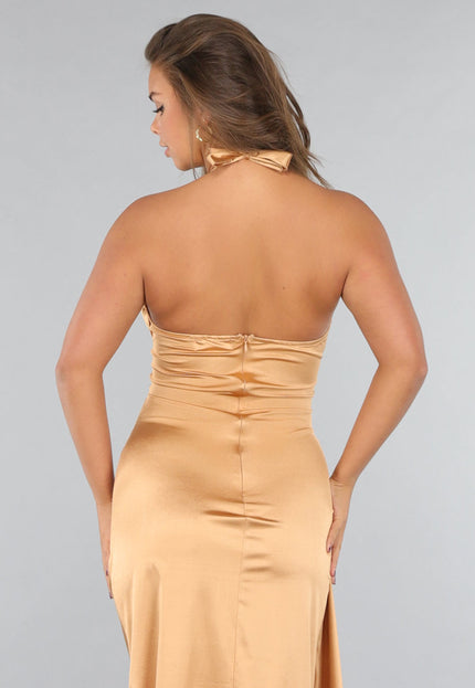 OP=OP.38.NL Gouden Geplooide Satijnen Halter Galajurk met Split
