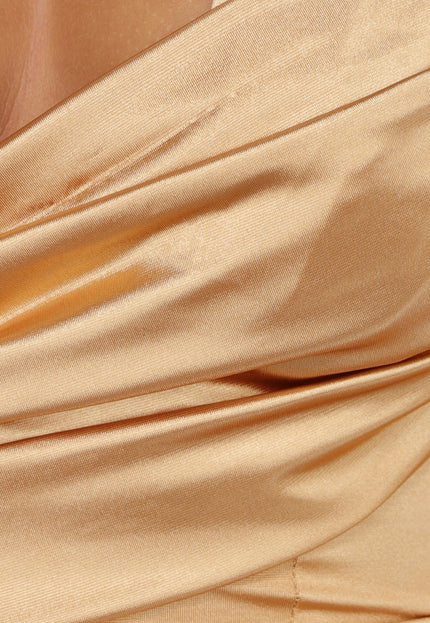 OP=OP.38.NL Gouden Geplooide Satijnen Halter Galajurk met Split