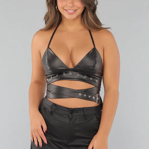 NEW220125 Lederlook Rave top met Gespdetails