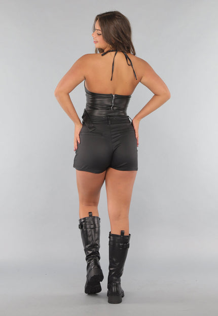 NEW220125 Lederlook Rave top met Gespdetails