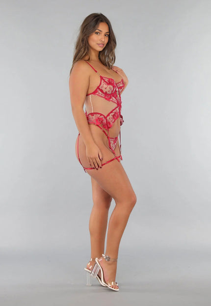 NEW220125 Mesh Lingerie Bustier Set met Rood Borduurwerk