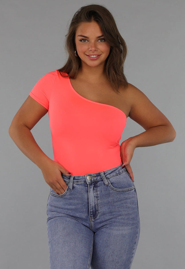 NEW220125 Neon Coral Bodysuit met One Shoulder