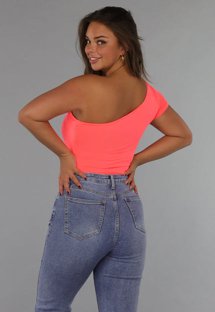 NEW220125 Neon Coral Bodysuit met One Shoulder