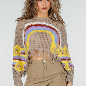 NEW220426 Beige Gehaakte Crop Trui met Regenboog