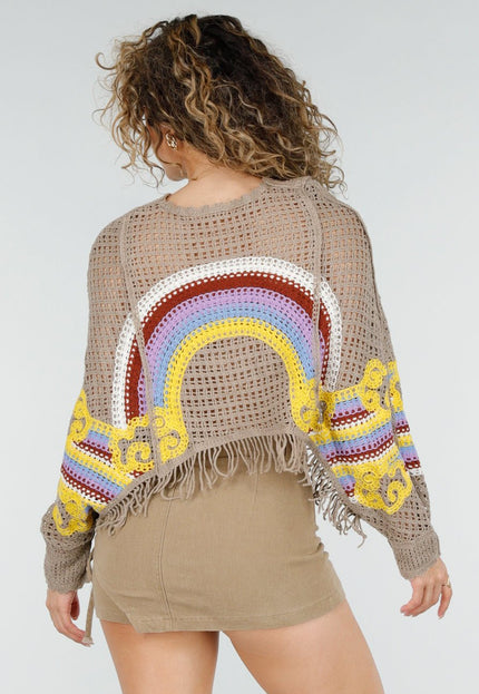 NEW220426 Beige Gehaakte Crop Trui met Regenboog