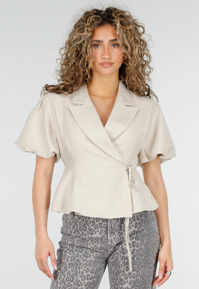 NEW220426 Beige Wikkelblazer met Korte Mouwen