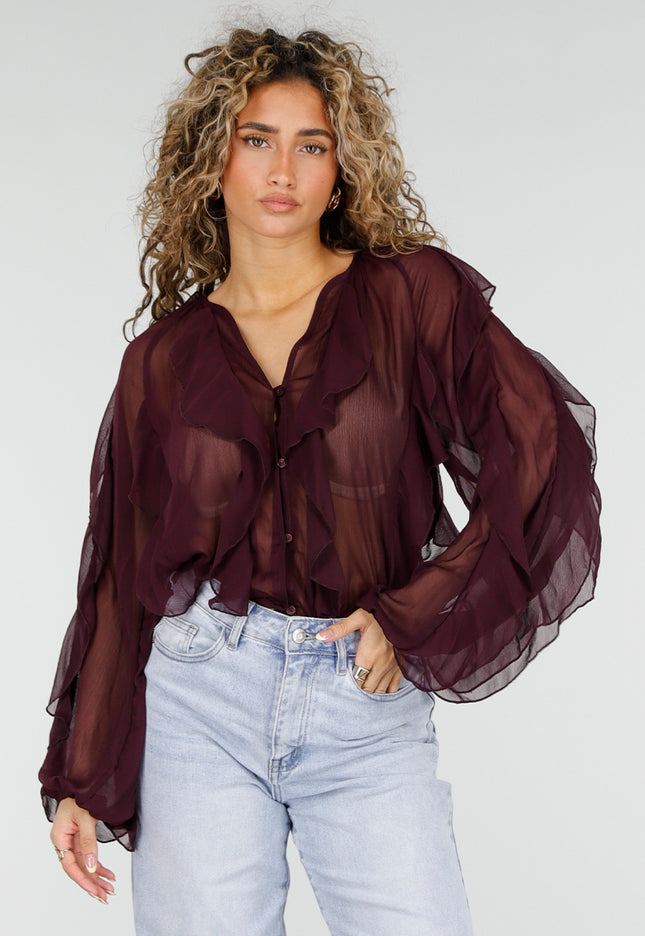 NEW220426 Bordeaux Chiffon Blouse met Ruffles