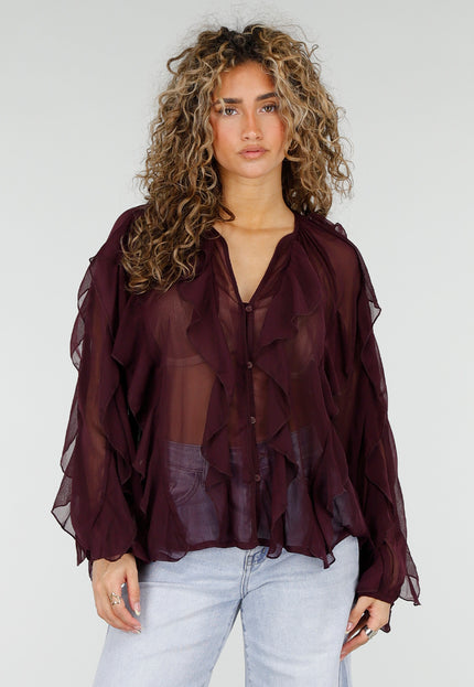 NEW220426 Bordeaux Chiffon Blouse met Ruffles