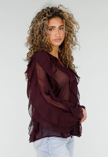 NEW220426 Bordeaux Chiffon Blouse met Ruffles