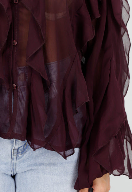 NEW220426 Bordeaux Chiffon Blouse met Ruffles