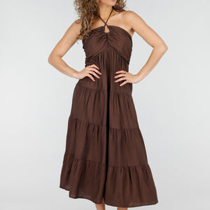 NEW220426 Bruine Halter Midi Jurk met Ruches