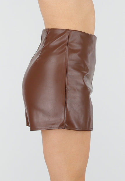 NEW220426 Bruine Lederlook Skort met Stretch