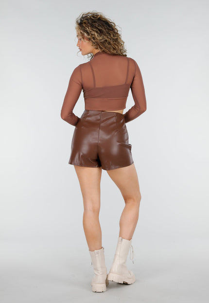 NEW220426 Bruine Lederlook Skort met Stretch
