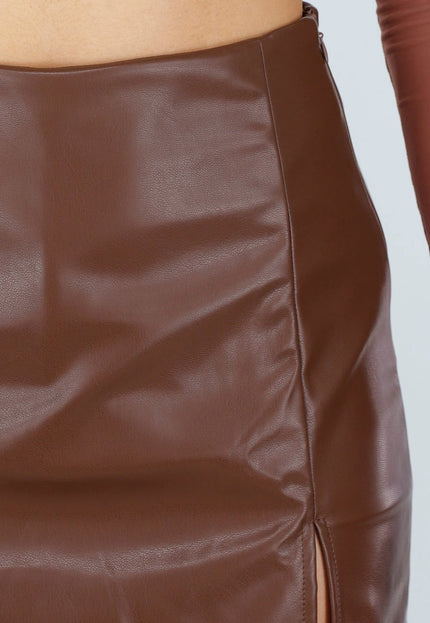 NEW220426 Bruine Lederlook Skort met Stretch