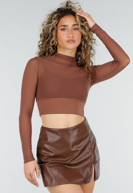 NEW220426 Bruine Mesh Crop Top met Pads