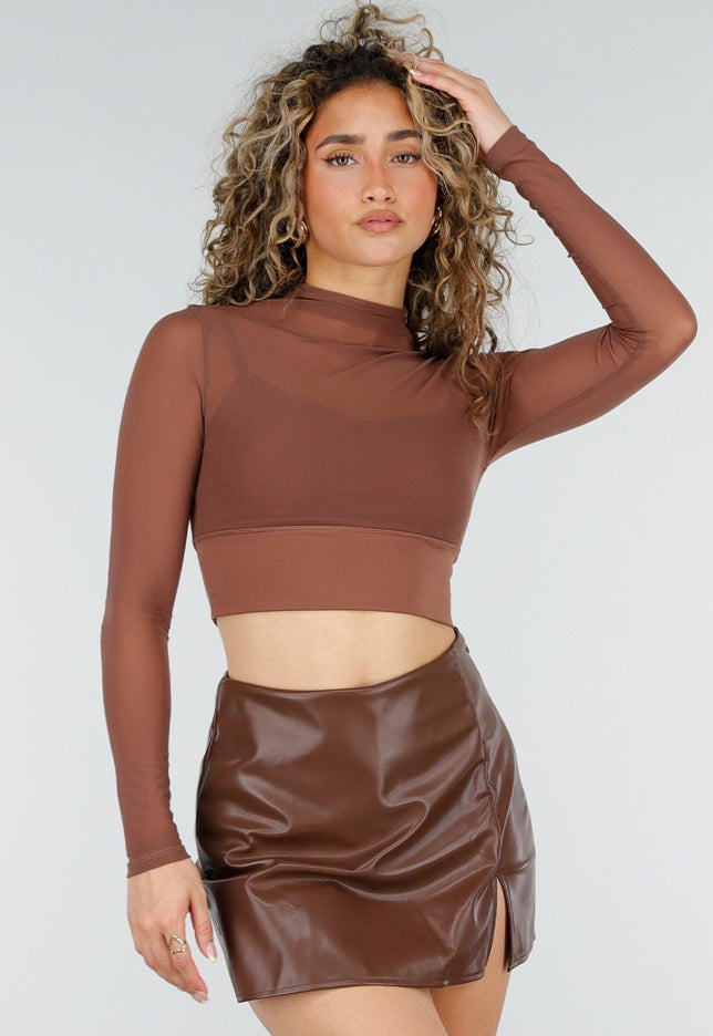NEW220426 Bruine Mesh Crop Top met Pads