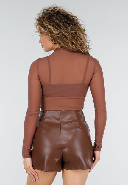 NEW220426 Bruine Mesh Crop Top met Pads