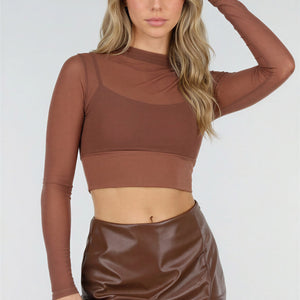 NEW220426 Bruine Mesh Crop Top met Pads