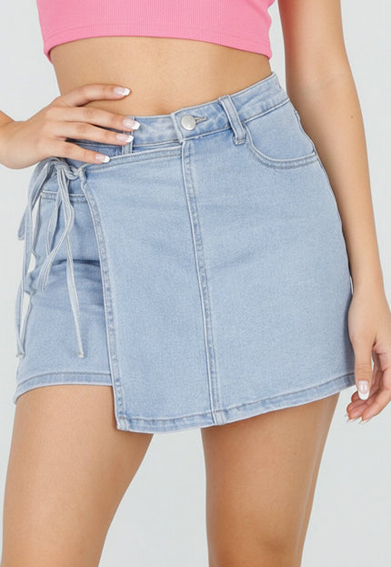 NEW220426 Lichtblauwe Denim Skort met Strik