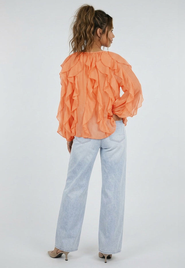 NEW220426 Oranje Chiffon Blouse met Ruffles