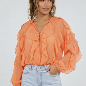 NEW220426 Oranje Chiffon Blouse met Ruffles