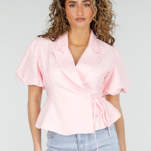NEW220426 Roze Wikkelblazer met Korte Mouwen