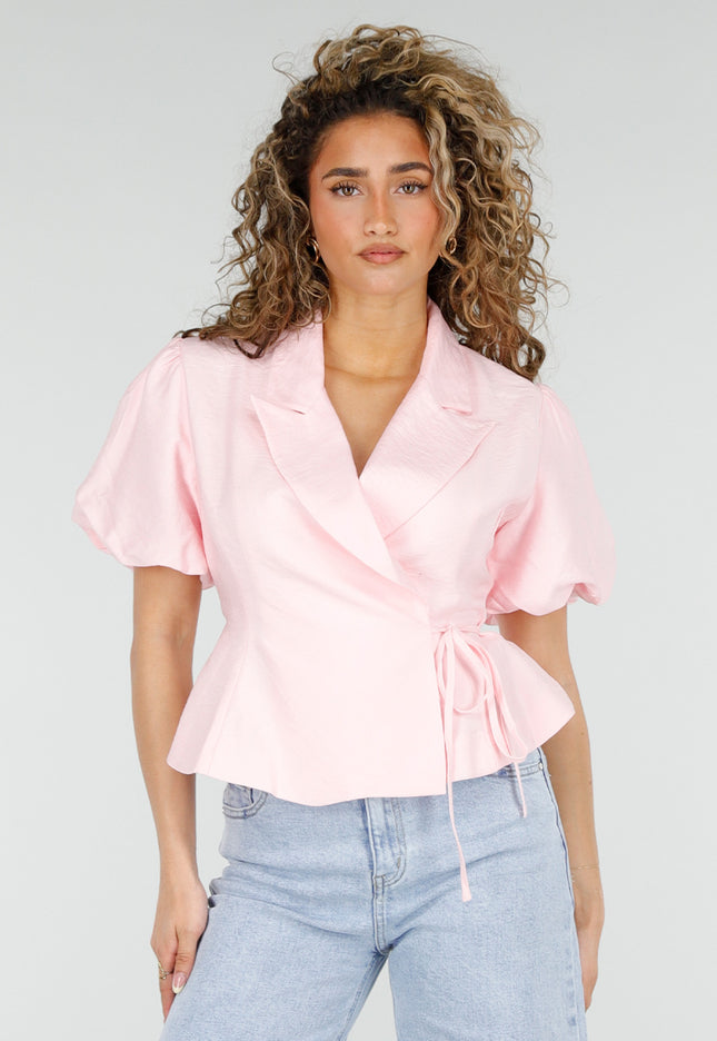 NEW220426 Roze Wikkelblazer met Korte Mouwen