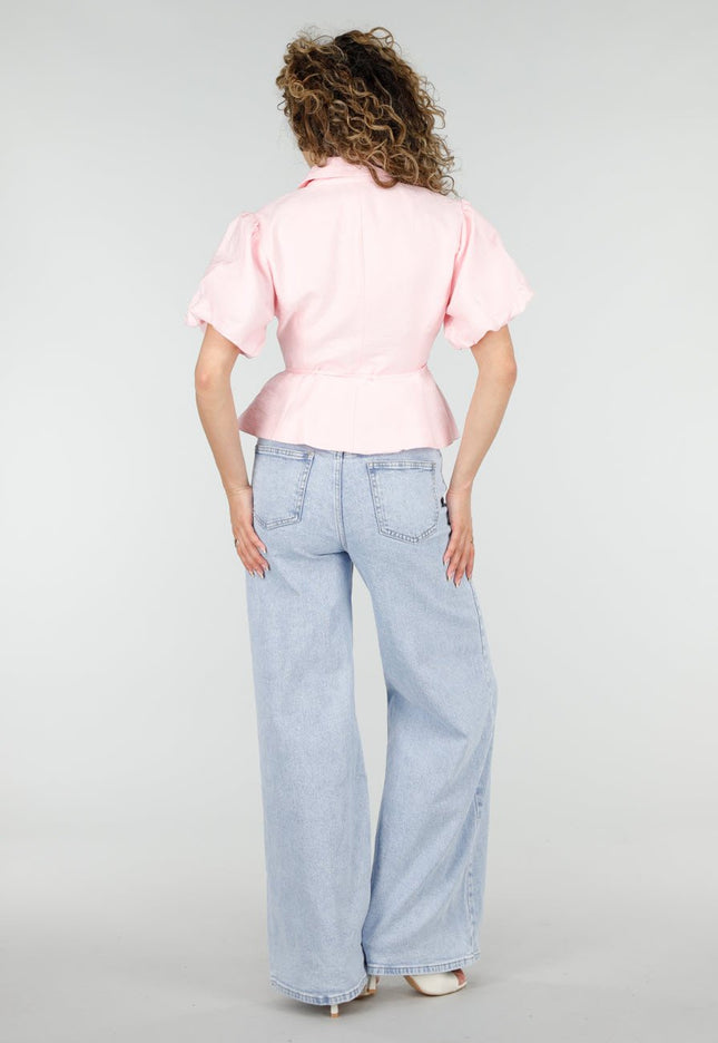 NEW220426 Roze Wikkelblazer met Korte Mouwen