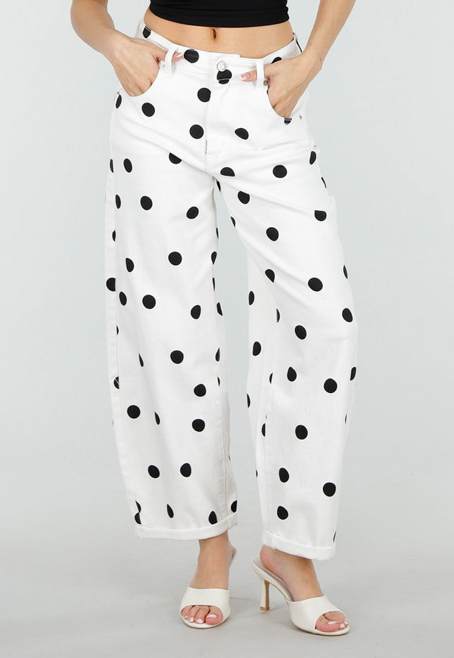 NEW220426 Witte Barrel Jeans met Zwarte Stippen