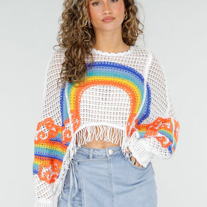 NEW220426 Witte Gehaakte Poncho Trui