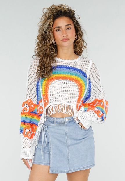 NEW220426 Witte Gehaakte Poncho Trui
