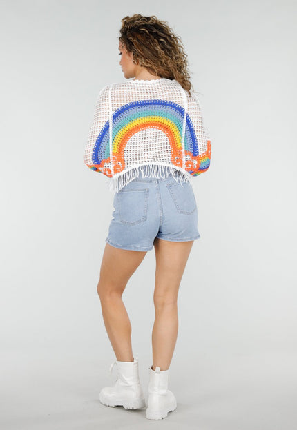 NEW220426 Witte Gehaakte Poncho Trui