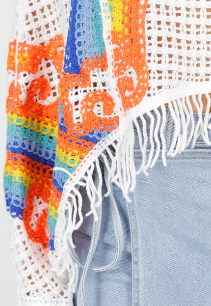 NEW220426 Witte Gehaakte Poncho Trui