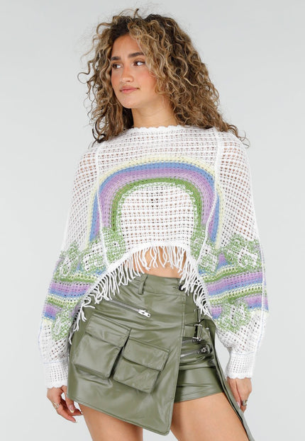 NEW220426 Witte Gehaakte Top met Regenboogprint
