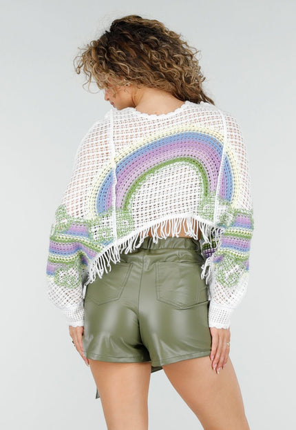 NEW220426 Witte Gehaakte Top met Regenboogprint