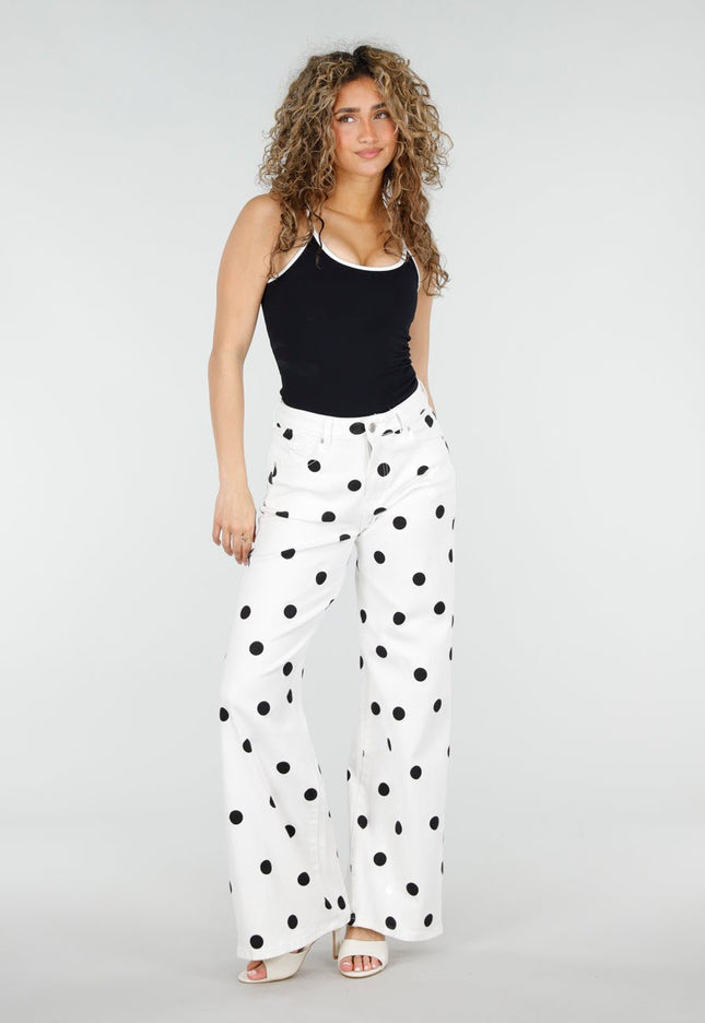 NEW220426 Witte Wide Leg Polka Dot Jeans