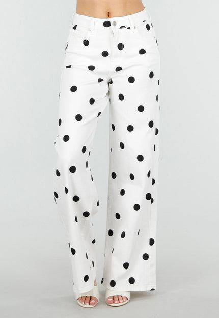 NEW220426 Witte Wide Leg Polka Dot Jeans