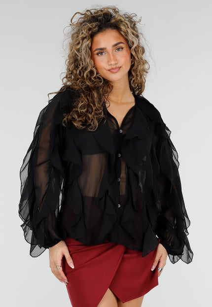 NEW220426 Zwarte Chiffon Blouse met Ruffles