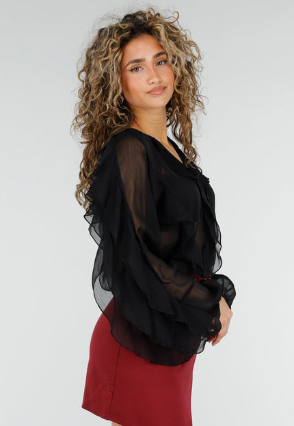 NEW220426 Zwarte Chiffon Blouse met Ruffles